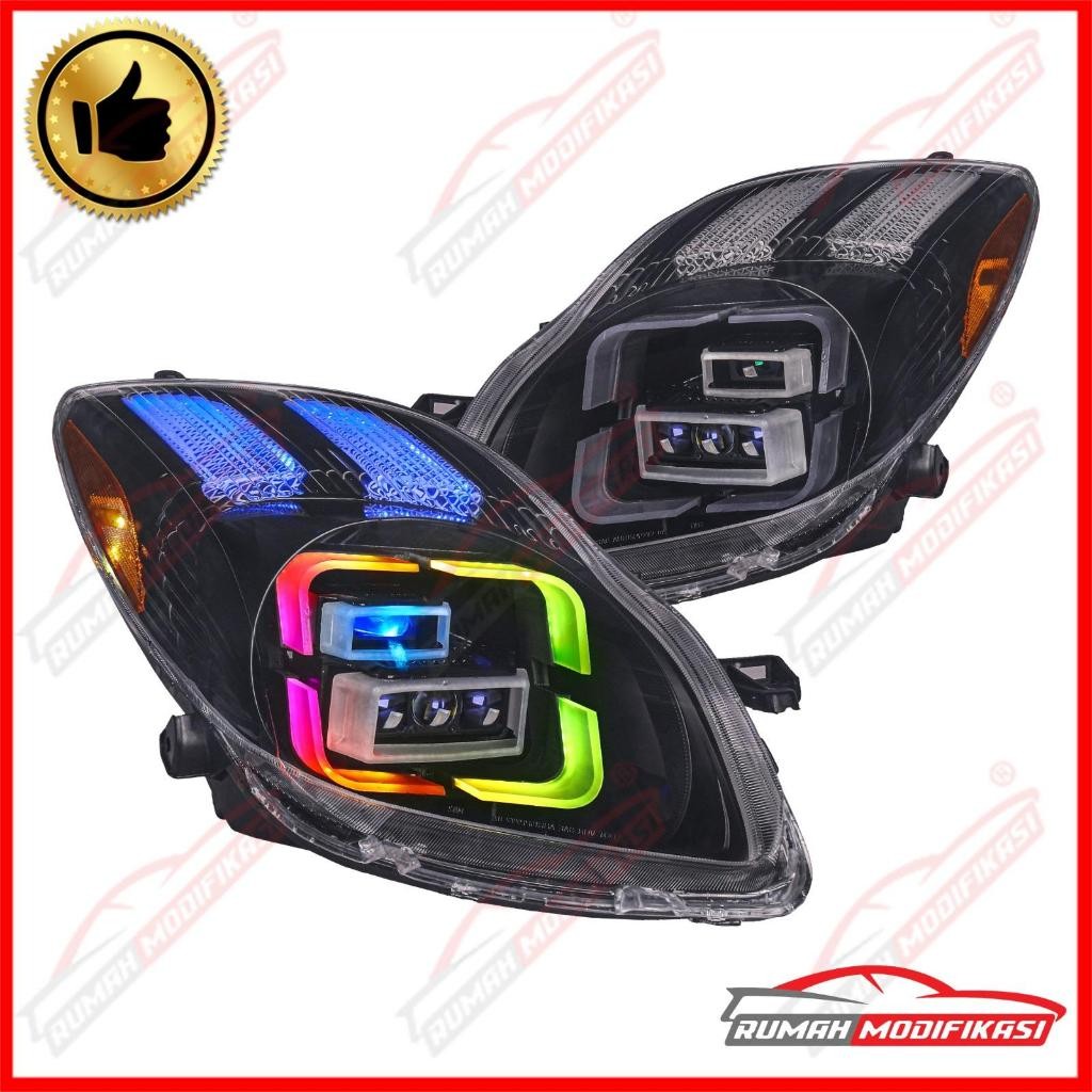 Headlamp Lampu Depan Yaris 2011-2013 Mini Biled 3 Mata RGB Black Housing Sequential Running Sein